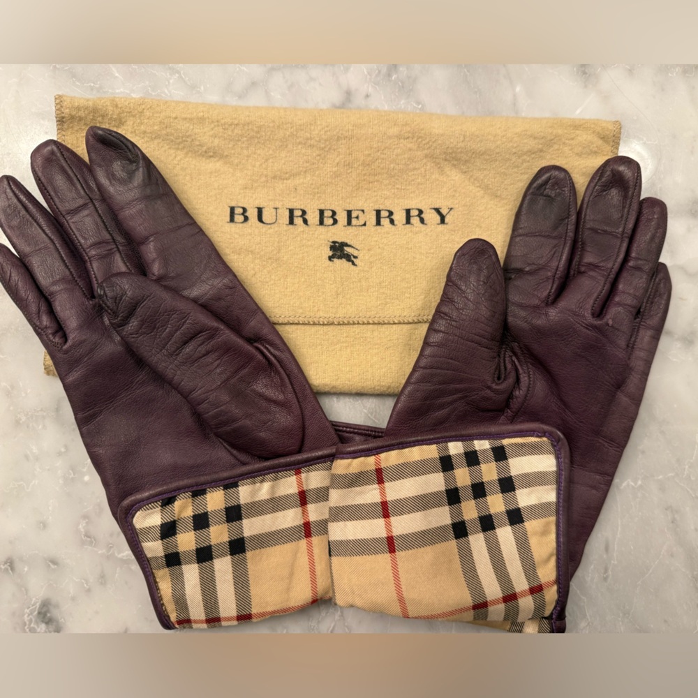 Burberry Dark Purple Leather Women’s Gloves with Check Print, Size 7.0